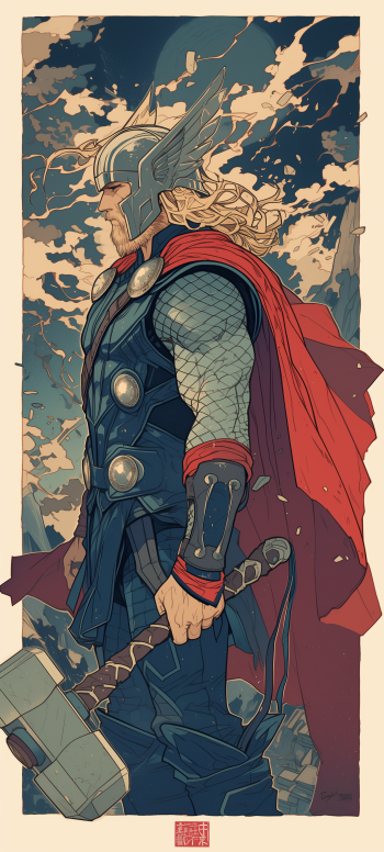 Illustration of Thor from Marvel Comics, depicted in a heroic pose suited as phone wallpaper.