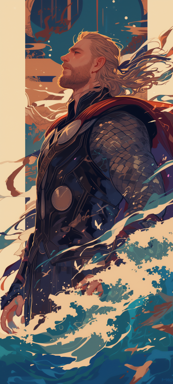 Illustration of Thor from Marvel Comics as a stylized phone wallpaper with dynamic colors and abstract elements.