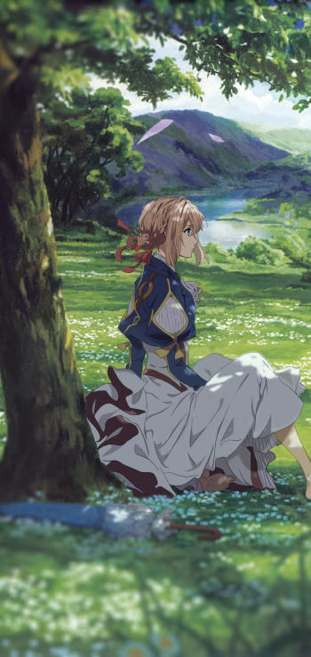 Phone wallpaper for iPhones and Android featuring an anime-style woman in a dress sitting under a tree by a lake, surrounded by lush greenery and distant mountains.