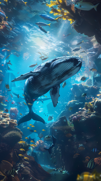 A majestic whale glides through an underwater scene filled with vibrant fish and coral, creating a stunning aquarium wallpaper. The light beautifully illuminates the tranquil depths.