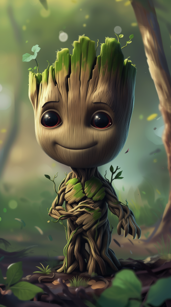 Cute Baby Groot phone wallpaper from Marvel Comics