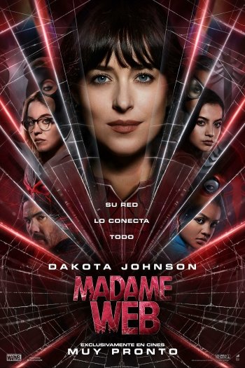 Movie poster wallpaper for Madame Web featuring actress Dakota Johnson and thematic web design elements, hinting at an upcoming superhero film.