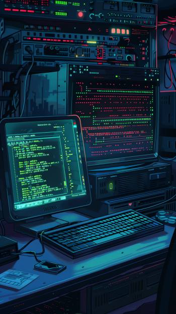 Phone wallpaper featuring a cyberpunk-themed illustration with a vintage computer setup displaying vivid programming code on the monitor.