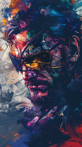 A vibrant fan art piece featuring a stylized character from Metal Gear, showcases bold colors and dynamic brush strokes, making it an engaging phone wallpaper.