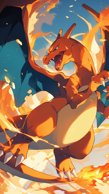 Dynamic Charizard Pokémon wallpaper for mobile, showcasing the fiery dragon in an action-packed illustration.