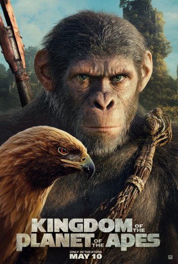 Phone wallpaper featuring a promotional poster for 'Kingdom of the Planet of the Apes' showing an intense ape with a bird on its shoulder amidst a forest backdrop, releasing May 10.