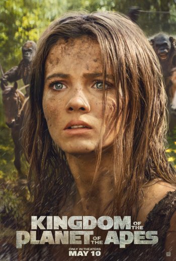 A dramatic phone wallpaper from Kingdom of the Planet of the Apes, featuring a close-up of a woman with dirt-smudged skin, surrounded by apes in a lush, wild environment.