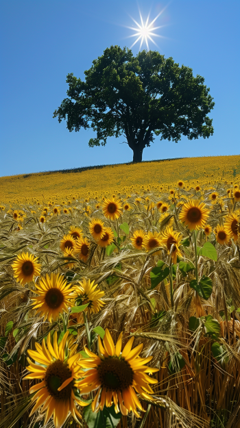 A vibrant field of sunflowers basks under a clear blue sky, with a towering tree silhouetted against the sun, creating a cheerful and sunny atmosphere.