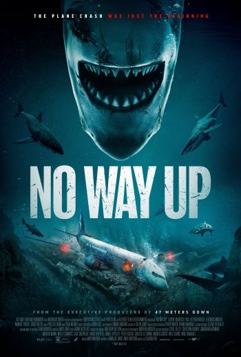 Movie wallpaper for No Way Up featuring a dark underwater scene with a menacing shark above a submerged plane.
