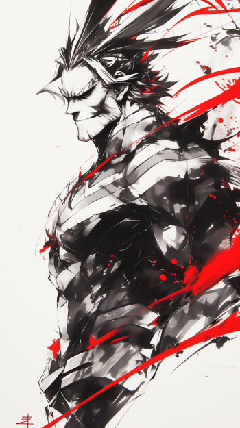 Striking All Might phone wallpaper from My Hero Academia with dynamic black and red splatter design.