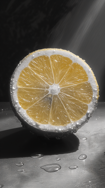A vibrant lemon slice glistens with droplets, showcasing its bright yellow interior against a dark background, creating an eye-catching phone wallpaper.