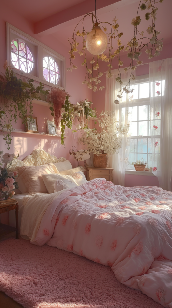A cozy pink bedroom adorned with soft bedding, delicate flowers, and natural light shining through a window, creating a serene atmosphere for a phone wallpaper.