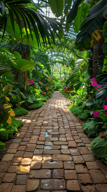 Brick pathway in lush botanical garden with tropical plants for phone wallpaper.