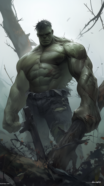 Marvel Comics' Hulk illustrated phone wallpaper displaying the iconic superhero in a powerful stance amidst a misty forested backdrop.
