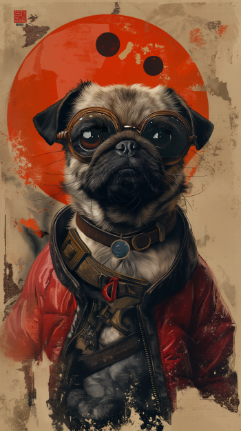 Stylized pug dog phone wallpaper featuring a cute pug in a jacket with a red sun backdrop.