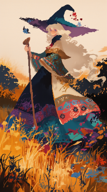 Stylized phone wallpaper featuring an artistic depiction of a wizard with a staff standing in a colorful, mystical field at sunset.