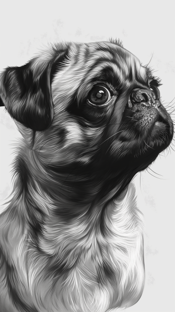 Black and white illustrated portrait of a pug dog, ideal for phone wallpaper with a focused, detailed design.