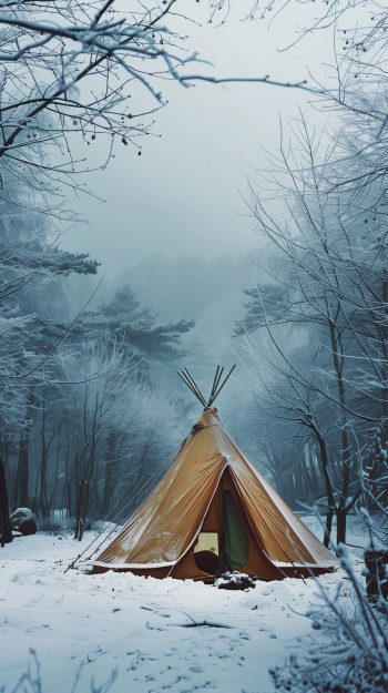 A cozy tent stands in a snowy forest, surrounded by frosted trees and a misty atmosphere, creating a tranquil scene for a phone wallpaper.