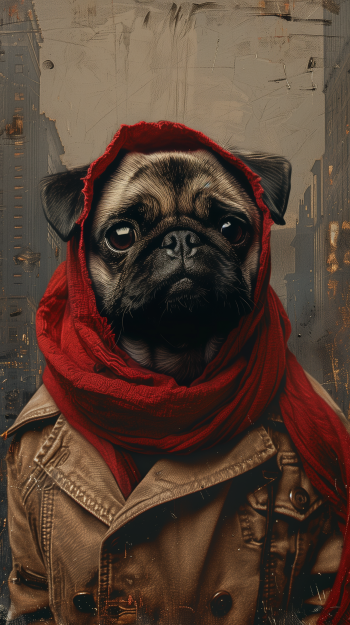 Stylish phone wallpaper featuring an illustrated pug dog wearing a red hood and scarf set against an urban backdrop.