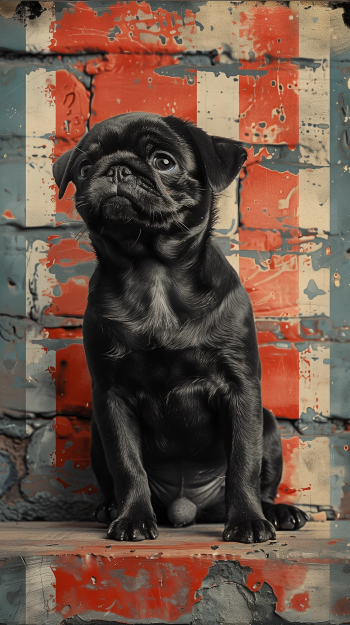 Cute black pug dog sitting in front of a colorful, distressed brick wall, perfect as a stylish and quirky phone wallpaper.