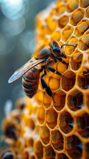 A close-up of a bee on a honeycomb, highlighting the intricate hexagonal shapes of the beehive, creating a vibrant and nature-inspired phone wallpaper.