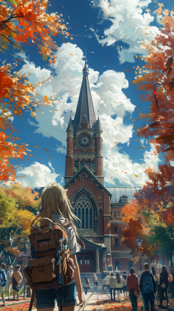 A high school scene captures a student gazing at a grand clock tower surrounded by vibrant autumn trees and classmates, creating a nostalgic phone wallpaper.