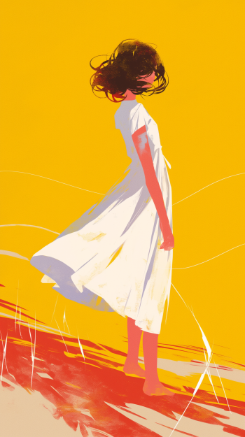Girl in white sundress on yellow background for phone wallpaper.