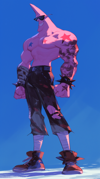 A stylized illustration of Patrick Star as a muscular character, wearing sunglasses and edgy clothing, set against a bright blue background, making for a vibrant phone wallpaper.