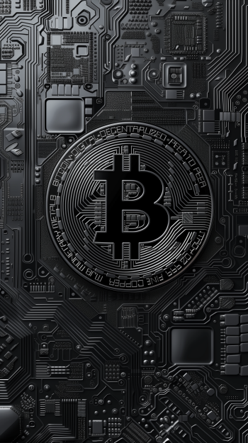 Stylish phone wallpaper featuring a Bitcoin symbol overlaying a detailed circuit board design, embodying the essence of cryptocurrency technology.