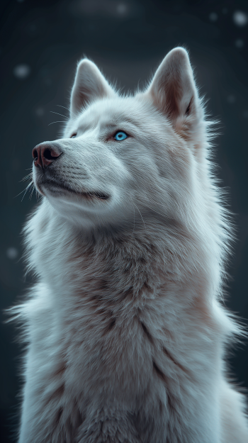 Elegant husky dog with striking blue eyes set against a snowflake-dotted backdrop, ideal for a mobile phone wallpaper.