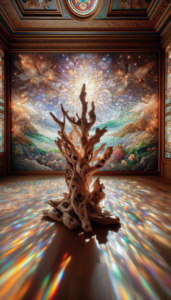 Intricate driftwood sculpture positioned in an ornately decorated room, with dynamic light rays creating a stunning spectrum on the floor, perfectly sized for a phone wallpaper.