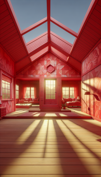 Sunlit red wooden interior of a cozy vacation home, designed as a phone wallpaper with shadows casting on the floor.