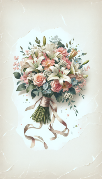 A beautiful wedding bouquet featuring lilies, roses, and delicate accents, set against a soft background. This floral design makes a charming phone wallpaper.