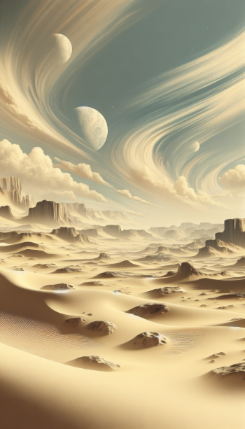 Desert planet landscape phone wallpaper with swirling sky and multiple moons.