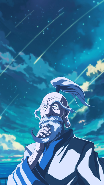 Anime character Isaac Netero from Hunter x Hunter against a starry night sky, designed for phone wallpaper.