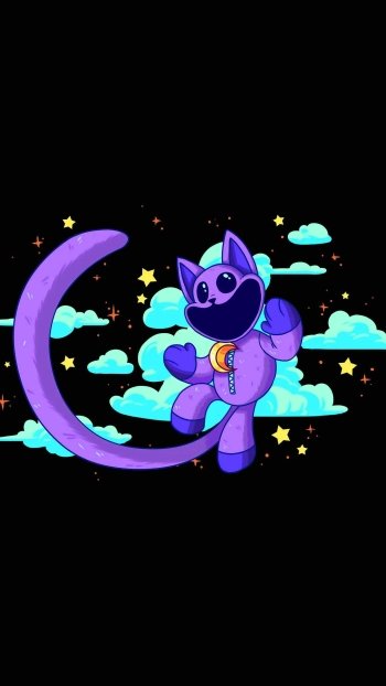 Poppy Playtime CatNap character sitting on a crescent moon with stars and clouds, designed as a mobile phone wallpaper.
