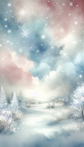 Snow-covered landscape with colorful sky and falling snowflakes phone wallpaper.