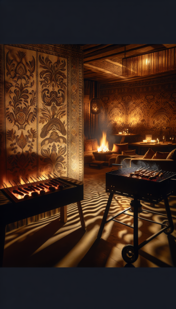 A cozy indoor scene featuring a grill with glowing embers and elegant wallpaper. This visually rich image serves as an inviting phone wallpaper.