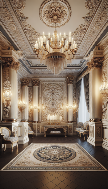 An opulent interior design featuring intricately detailed walls, ornate chandeliers, and elegant furniture, crafted as a stunning phone wallpaper.