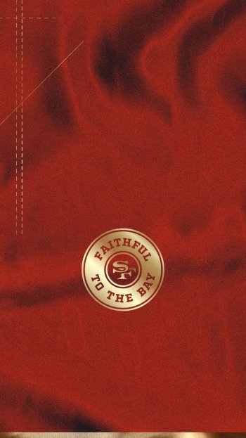 San Francisco 49ers themed mobile wallpaper featuring the 'Faithful to the Bay' slogan on a textured red background.