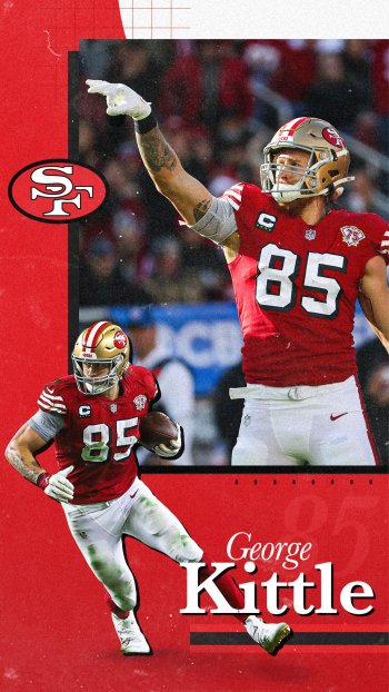 A vibrant San Francisco 49ers phone wallpaper featuring George Kittle, #85, celebrating a play, showcasing his dynamic presence in the NFL.