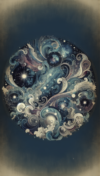 Abstract cosmic yin yang wallpaper for phone with swirling starry patterns in blue tones.