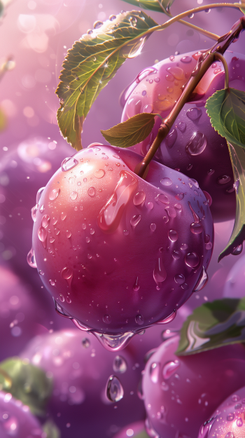 Vivid phone wallpaper featuring dewy plums on a branch with a bokeh background.