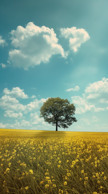 Spring tree in blooming field under blue sky for phone wallpaper.