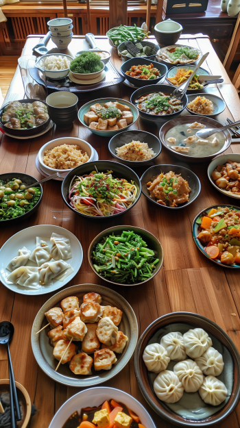 A vibrant display of various dishes, featuring dumplings and colorful sides, creates a mouthwatering feast on a wooden table. This phone wallpaper celebrates delicious food.