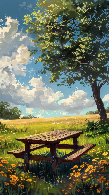 Idyllic picnic table amidst sunny meadow with blooming flowers wallpaper for phone.