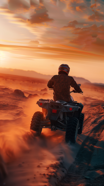 A rider on a quad bike navigates a dusty landscape at sunset, kicking up sand as the warm colors of dusk fill the sky. This captivating scene makes for an engaging phone wallpaper.