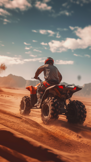 Adventure-themed phone wallpaper featuring a rider on a quad bike traversing a sandy desert landscape under a clear sky.