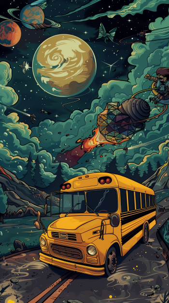 Illustration of a yellow school bus on a cosmic background with planets and a spacecraft, designed for phone wallpaper.