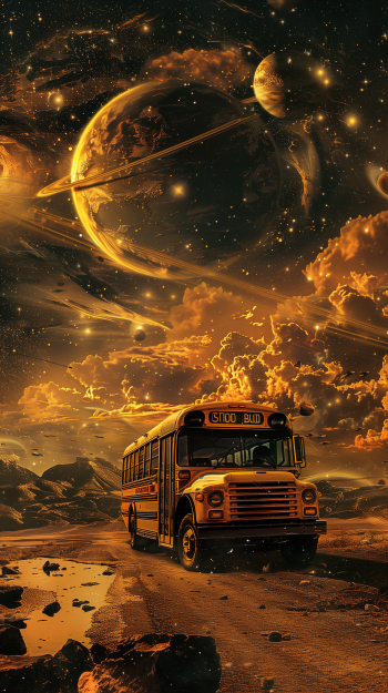 Futuristic school bus on an alien planet wallpaper for phone with a dramatic space backdrop featuring rings and planets.